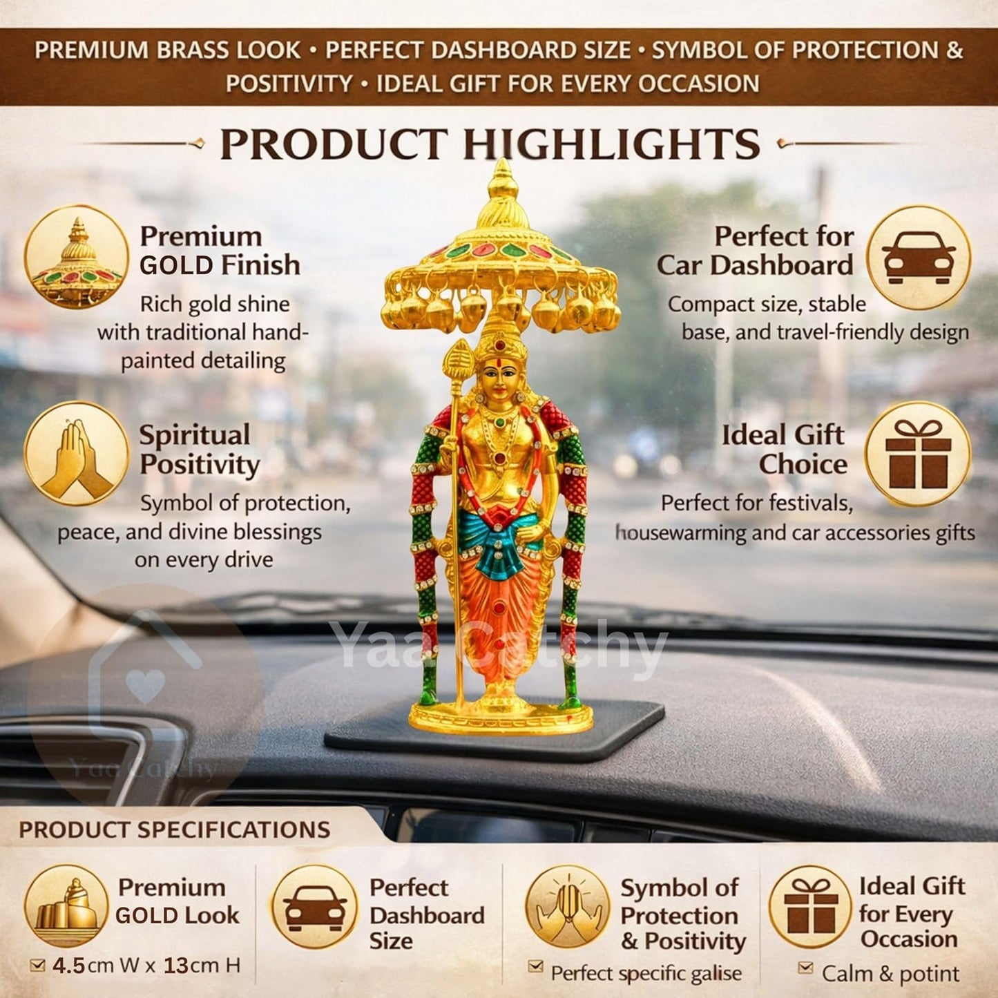 Lord Murugan to Your Car Dashboard Golden Idol with Crystal Stones Pooja & Office Hindu God Kartikeya ensuring a Blessed and Protected Journey. (Umbrella Murugan)
