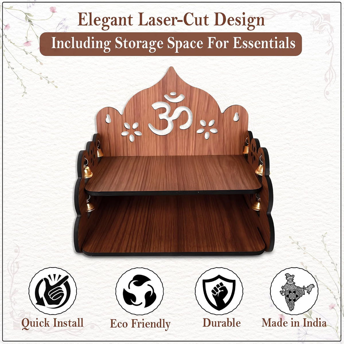 Small Pooja Mandir for Home Wall Mount & Tabletop | Wooden Temple with Bells | Mini Mandir for Office, Home, Daily Worship पूजा & Decor