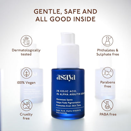 Asaya 2% Kojic Acid + 1% Alpha Arbutin Face Serum | Advanced Brightening & Pigmentation Correction | Lightweight Kojic Acid Serum for Even Tone & Radiant Skin | 30 ml
