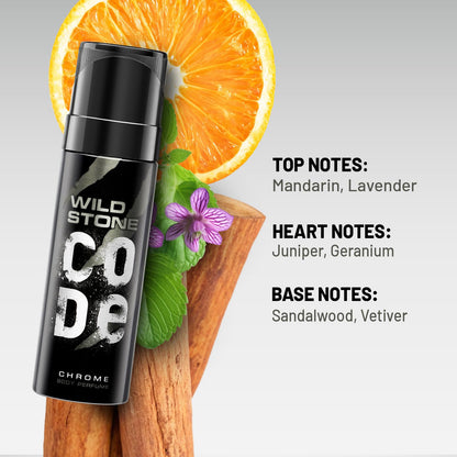 WILD STONE CODE Chrome Long Lasting No Gas Body Perfume For Men, 150Ml - Chrome, Spray