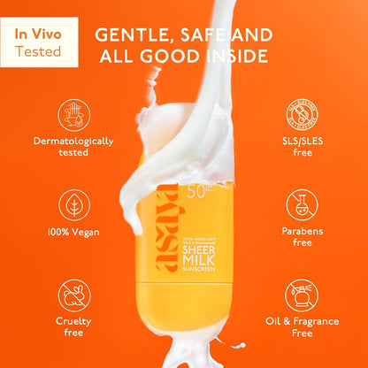 Asaya Sheer Milk Sunscreen SPF 50 PA++++ UVA + UVB | For Acne-Prone, Oily or Combination Skin | 50 ml