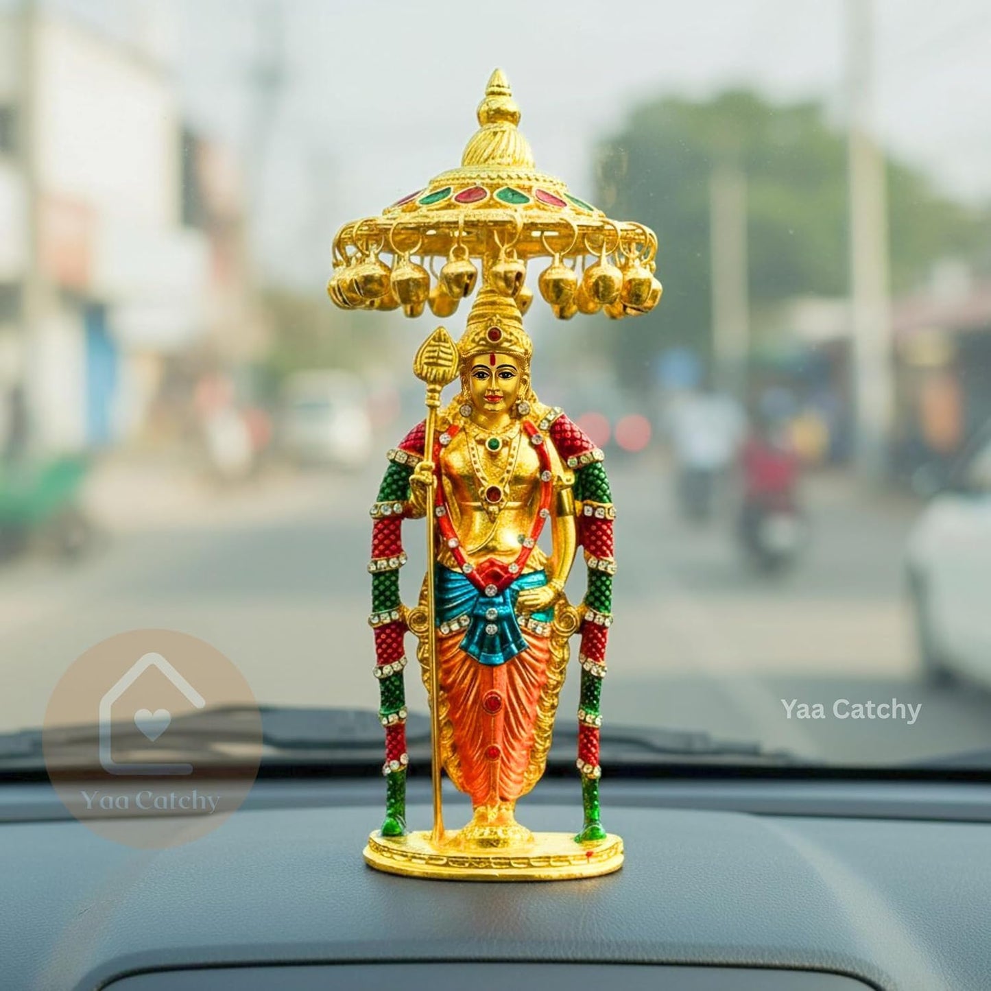 Lord Murugan to Your Car Dashboard Golden Idol with Crystal Stones Pooja & Office Hindu God Kartikeya ensuring a Blessed and Protected Journey. (Umbrella Murugan)