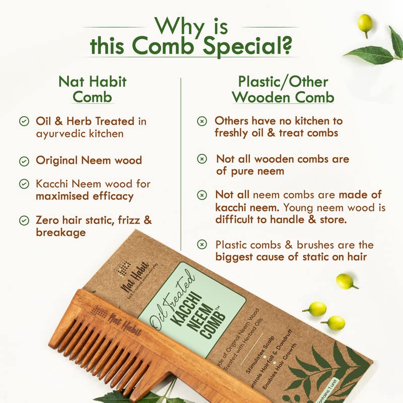Nat Habit Kacchi Neem Wooden Comb, Soaked In 17 Herbs, Neem & Sesame Oil For Multi-Actions - Detangling, Frizz Control & Shine Suited For All Hair Types (Wide Tooth)