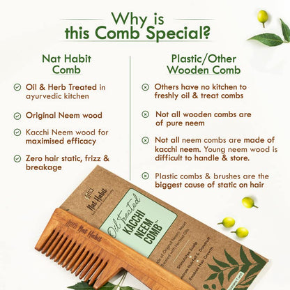 Nat Habit Kacchi Neem Wooden Comb, Soaked In 17 Herbs, Neem & Sesame Oil For Multi-Actions - Detangling, Frizz Control & Shine Suited For All Hair Types (Wide Tooth)
