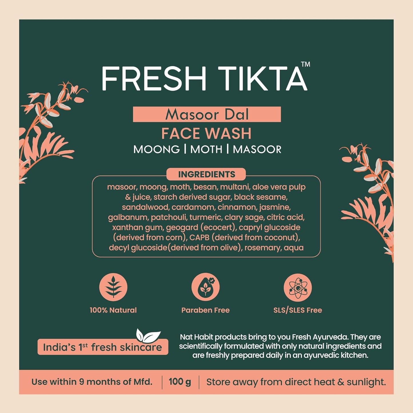 Nat Habit Masoor Dal Face Wash, Fresh Daily Tikta For Men & Women, Skin Brightening, With Masoor & Moth Dal, Suitable For All Skin Types, Chemical & Sulphate Free - 100g