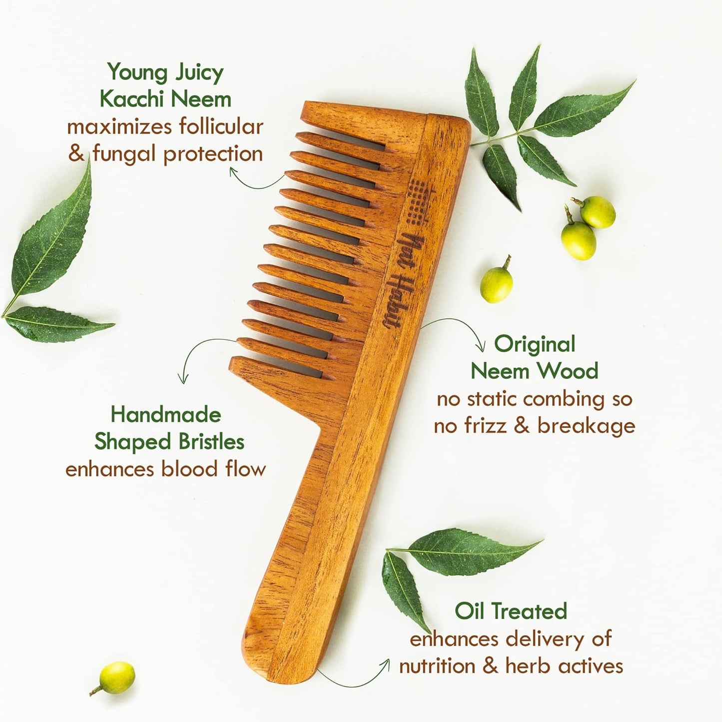 Nat Habit Kacchi Neem Wooden Comb, Soaked In 13 Herbs Neem & Sesame Oil For Multi-Actions - Detangling, Frizz Control & Shine (Dual Tooth & Wide Tooth) Combo Pack of 2