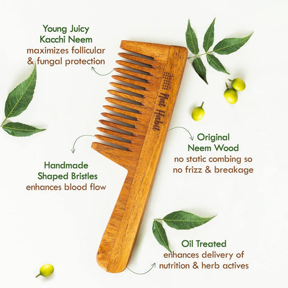 Nat Habit Kacchi Neem Wooden Comb, Soaked In 13 Herbs Neem & Sesame Oil For Multi-Actions - Detangling, Frizz Control & Shine (Dual Tooth & Wide Tooth) Combo Pack of 2