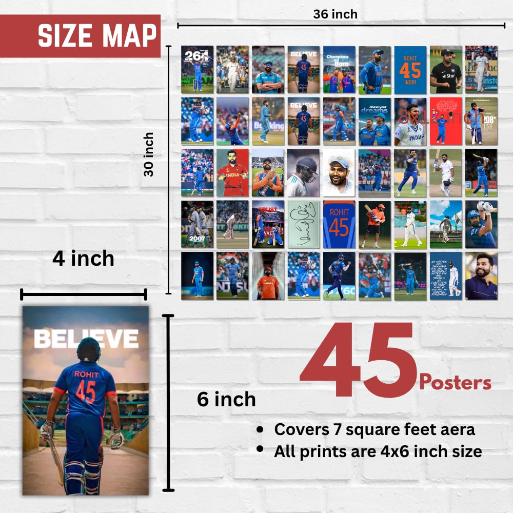 Rohit Sharma Posters Wall Collage Kit– 45 Mini Posters (4x6 Inch) With Motivational Quotes | For Room Wall Decoration, Living Room Bedroom Boys Gift Fan| Cricket Lover Cricketers Wall Decor Covers 30x36 Inch Area