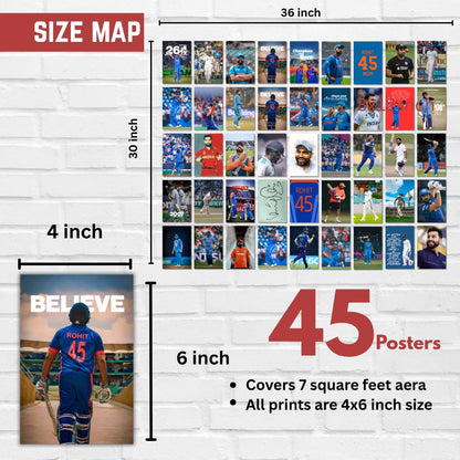 Rohit Sharma Posters Wall Collage Kit– 45 Mini Posters (4x6 Inch) With Motivational Quotes | For Room Wall Decoration, Living Room Bedroom Boys Gift Fan| Cricket Lover Cricketers Wall Decor Covers 30x36 Inch Area