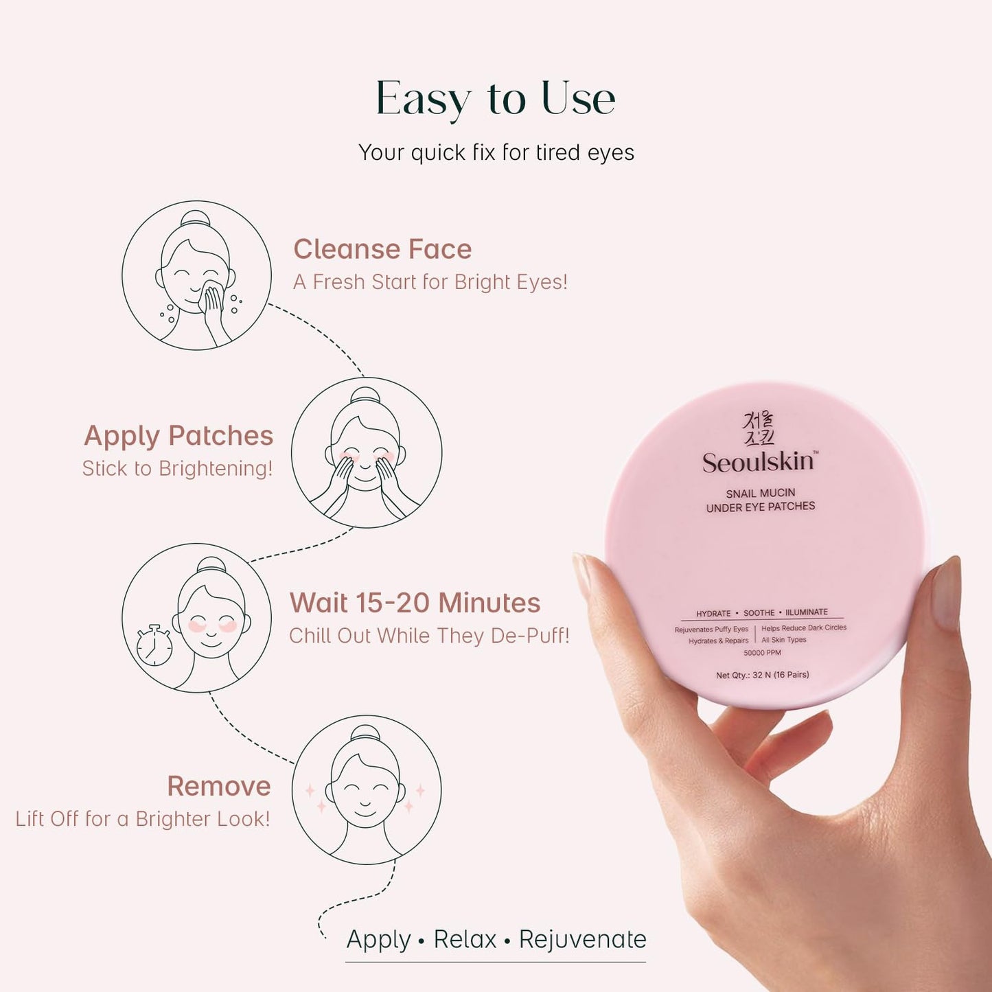 SeoulSkin Snail Mucin Under Eye Serum Patches (32 Pcs) – Korean Eye Patches for Dark Circles, Puffy Eyes, Hydrates & Repairs with Niacinamide & Hyaluronic Acid – Paraben-Free, Sulphate-Free, Cruelty-Free