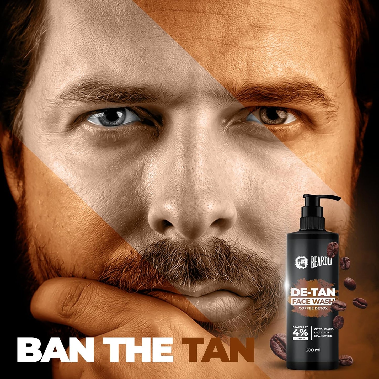 BEARDO DeTan Face Wash for Men, 200ml | Glycolic Acid,Niacinamide & Coffee | Helps to Reduce Tan,Reduce Dark Sports & Pigmentation | Exfoliates & Hydrates for Smooth & Oil Free Skin