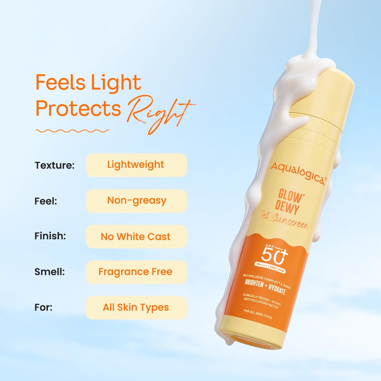 Aqualogica Glow+ Dewy Gel Sunscreen - 50 g | SPF 50+ PA++++ | Broad Spectrum UVA/B & Blue Light Protection | Lightweight | For Men & Women