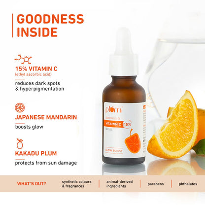 Plum 15% Vitamin C Serum for Glowing Skin | for Oily, Dry & Combination Skin |with Mandarin | Non-Irritating, Hydrating & Soothing | Men & Women 30ml