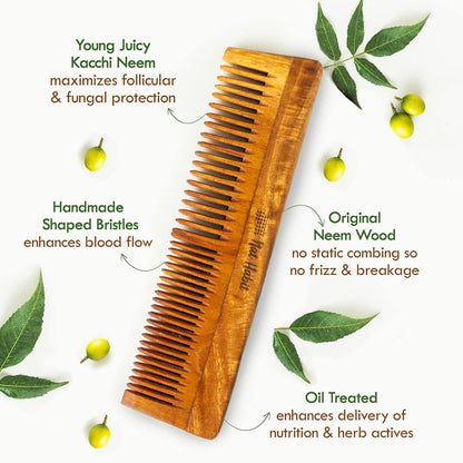 Nat Habit Kacchi Neem Wooden Comb, Soaked In 13 Herbs Neem & Sesame Oil For Multi-Actions - Detangling, Frizz Control & Shine (Dual Tooth & Wide Tooth) Combo Pack of 2