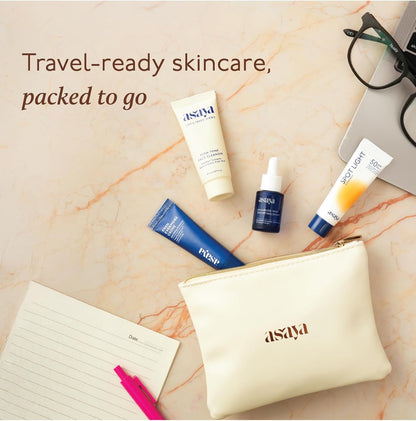 Asaya Travel Kit | Gift for Women | With Free Travel Pouch Bag | Face Wash Cleanser, Serum, Moisturizer & Sunscreen (CSMS Combo) | Melame™ Complex, Alpha Arbutin, Kojic Acid, Niacinamide | All Skin Types | For Women & Men