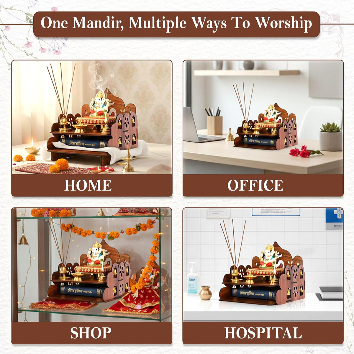 Small Pooja Mandir for Home Wall Mount & Tabletop | Wooden Temple with Bells | Mini Mandir for Office, Home, Daily Worship पूजा & Decor