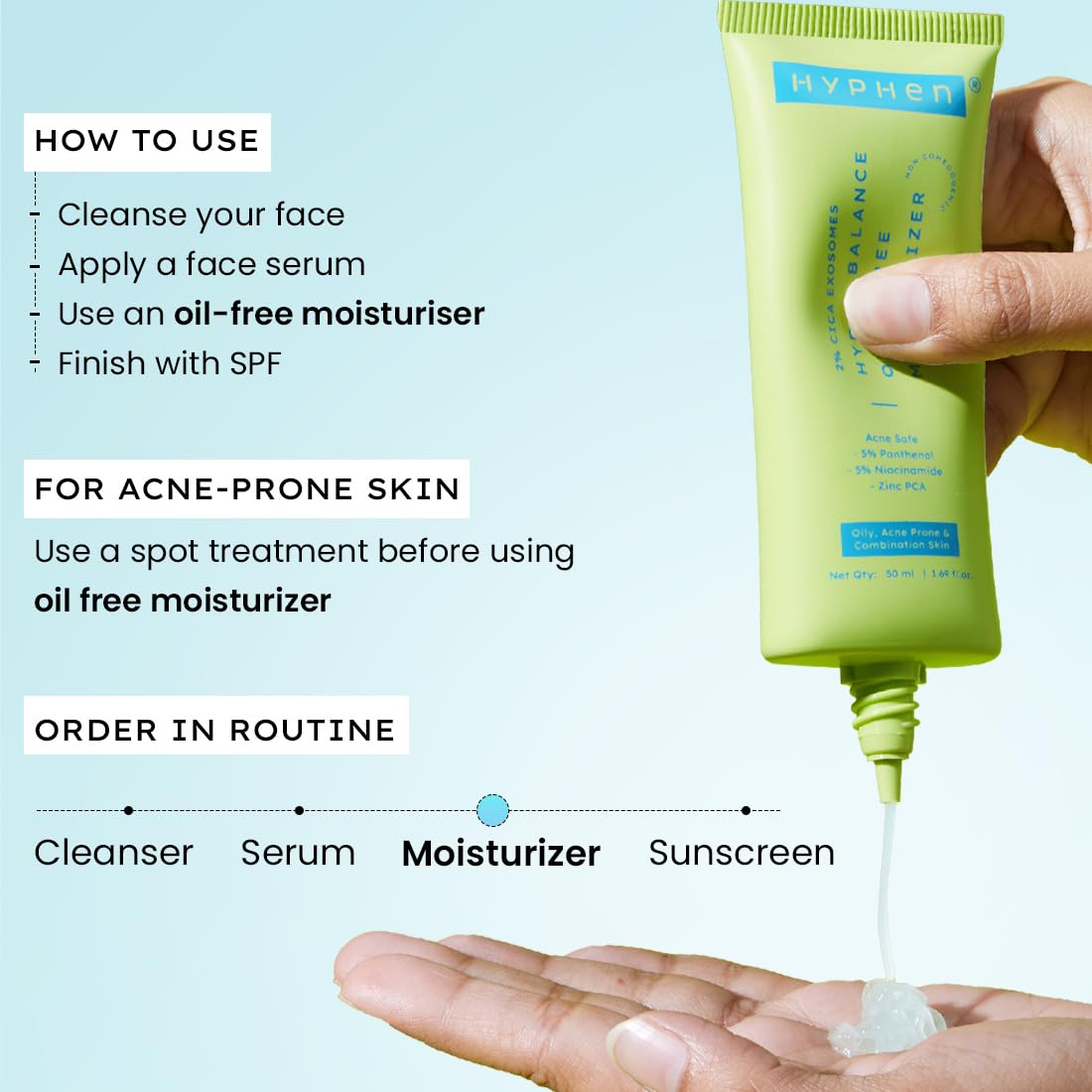 Hyphen 2% Cica Exosomes Oil-Free Moisturizer | 10X Deeper Hydration | Lightweight Water Gel with 5% Niacinamide | Controls Oil, Non-Comedogenic | Acne-Prone, Dry & Oily Skin - 50ml