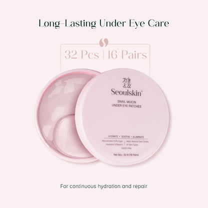 SeoulSkin Snail Mucin Under Eye Serum Patches (32 Pcs) – Korean Eye Patches for Dark Circles, Puffy Eyes, Hydrates & Repairs with Niacinamide & Hyaluronic Acid – Paraben-Free, Sulphate-Free, Cruelty-Free