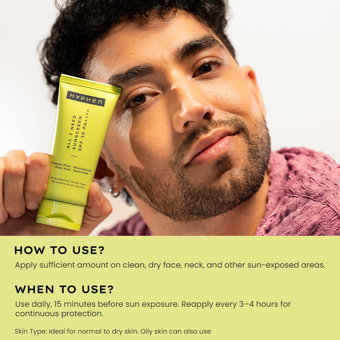 Hyphen All I Need Sunscreen SPF 50 PA++++ | No White Cast | In Vivo Tested | Brightens with Niacinamide, Kojic Acid & Vitamin C Rich Kakadu Plum | Hydrating Lightweight Non-Greasy UVA/UVB Protection | For Oily, Dry & All Skin Types | Women & Men | 50ml