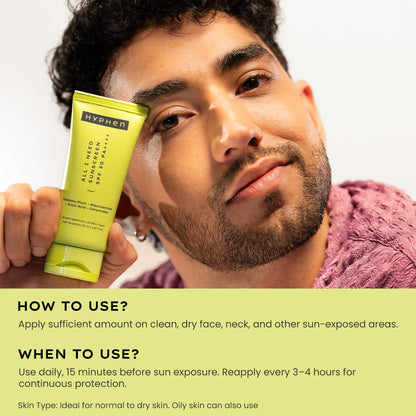Hyphen All I Need Sunscreen SPF 50 PA++++ | No White Cast | In Vivo Tested | Brightens with Niacinamide, Kojic Acid & Vitamin C Rich Kakadu Plum | Hydrating Lightweight Non-Greasy UVA/UVB Protection | For Oily, Dry & All Skin Types | Women & Men | 50ml