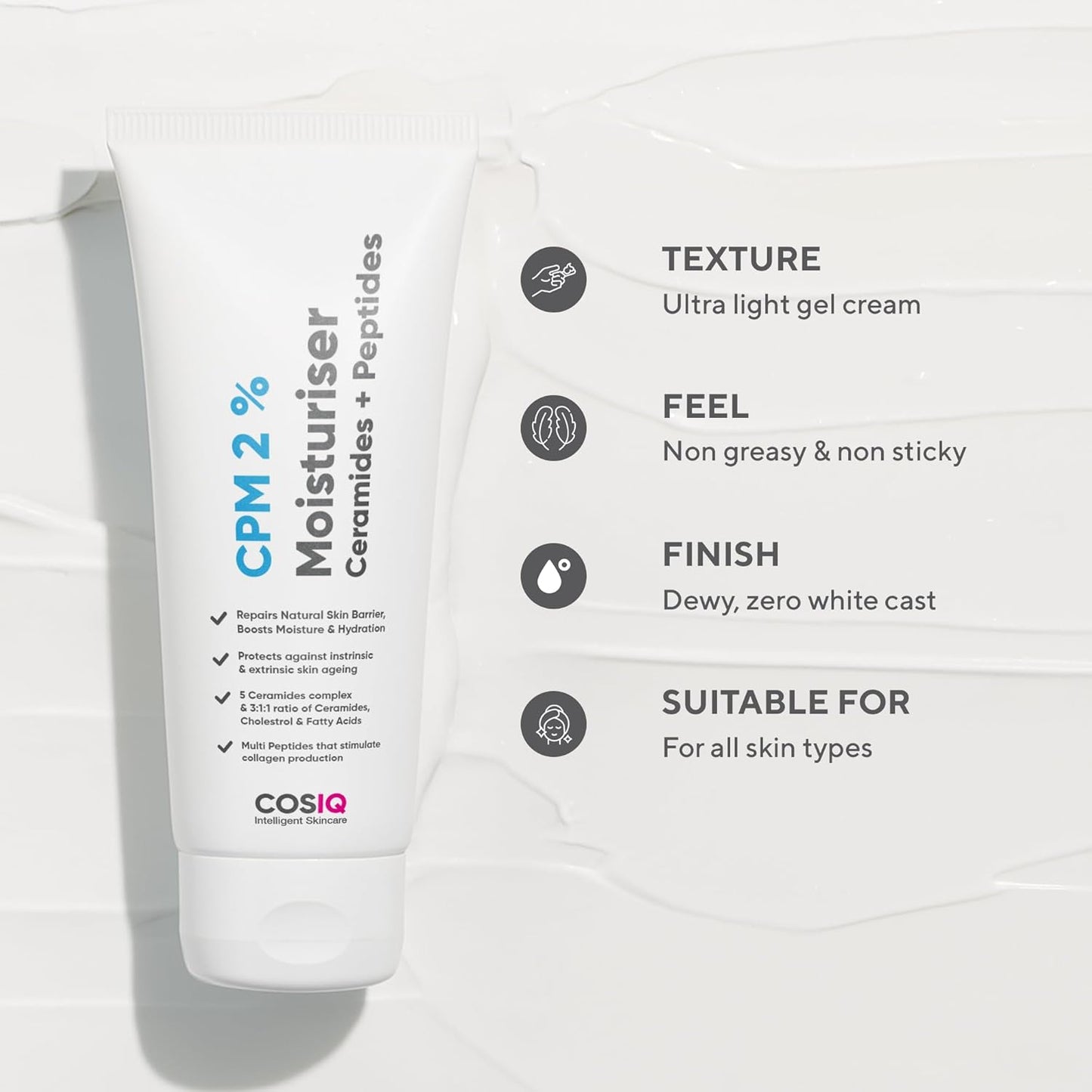 Cos-IQ CPM 2% Ceramides Moisturizer with Peptides for Intense Moisturizing and Skin Strengthening | Barrier Repair Cream | For Oily, Dry, Normal & Sensitive Skin | 100ml