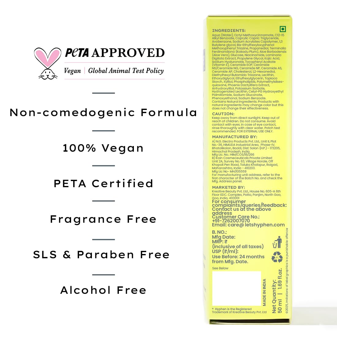 Hyphen All I Need Sunscreen SPF 50 PA++++ | No White Cast | In Vivo Tested | Brightens with Niacinamide, Kojic Acid & Vitamin C Rich Kakadu Plum | Hydrating Lightweight Non-Greasy UVA/UVB Protection | For Oily, Dry & All Skin Types | Women & Men | 50ml