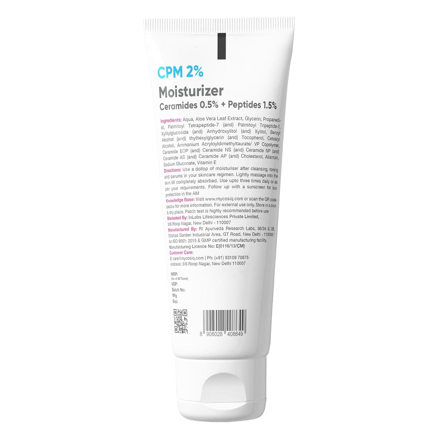 Cos-IQ CPM 2% Ceramides Moisturizer with Peptides for Intense Moisturizing and Skin Strengthening | Barrier Repair Cream | For Oily, Dry, Normal & Sensitive Skin | 100ml